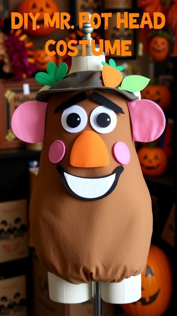 A DIY Mr. Potato Head costume with colorful facial features, set in a festive Halloween background.